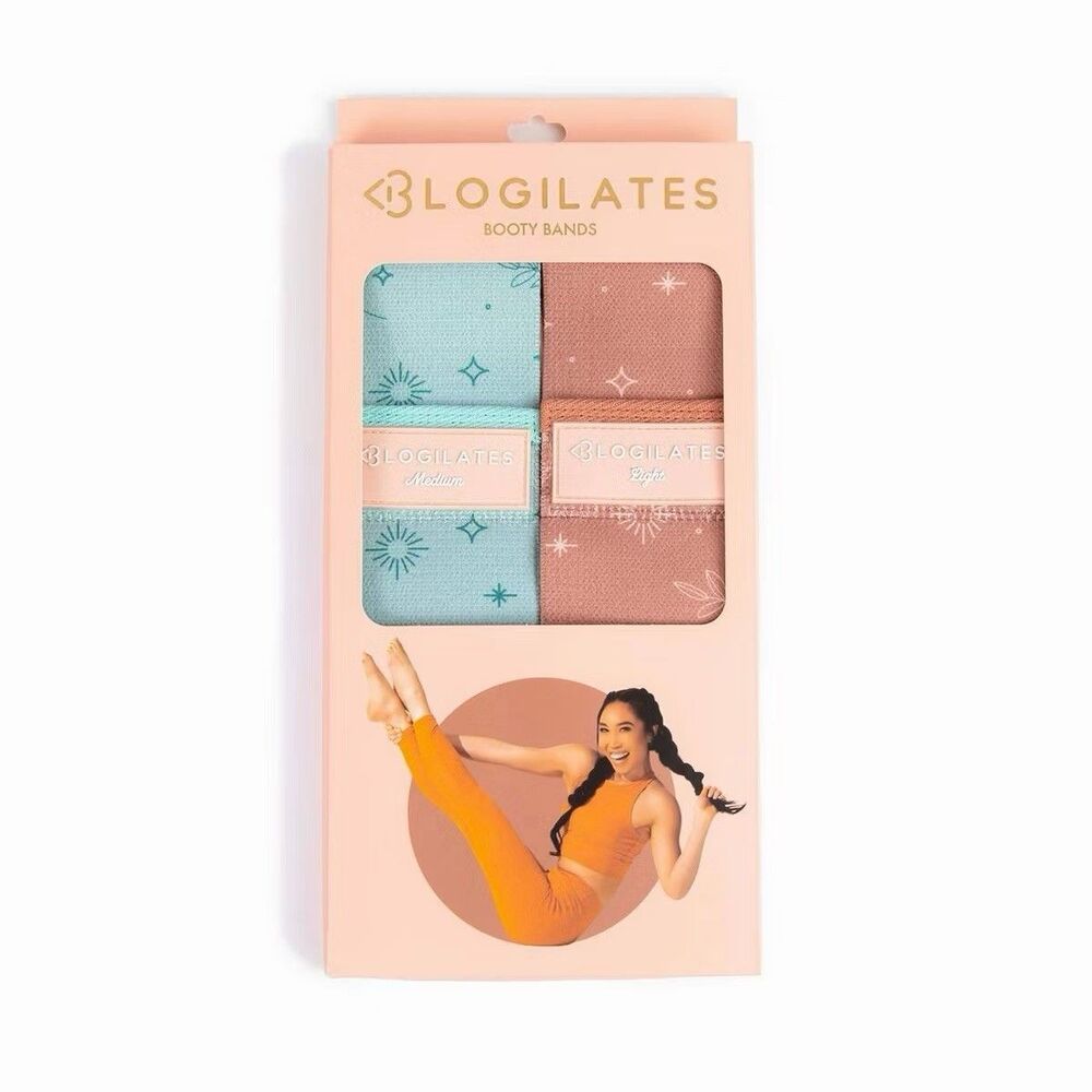 Blogilates Booty Resistance Bands 2-Pack Medium & Light Peach Blue New
